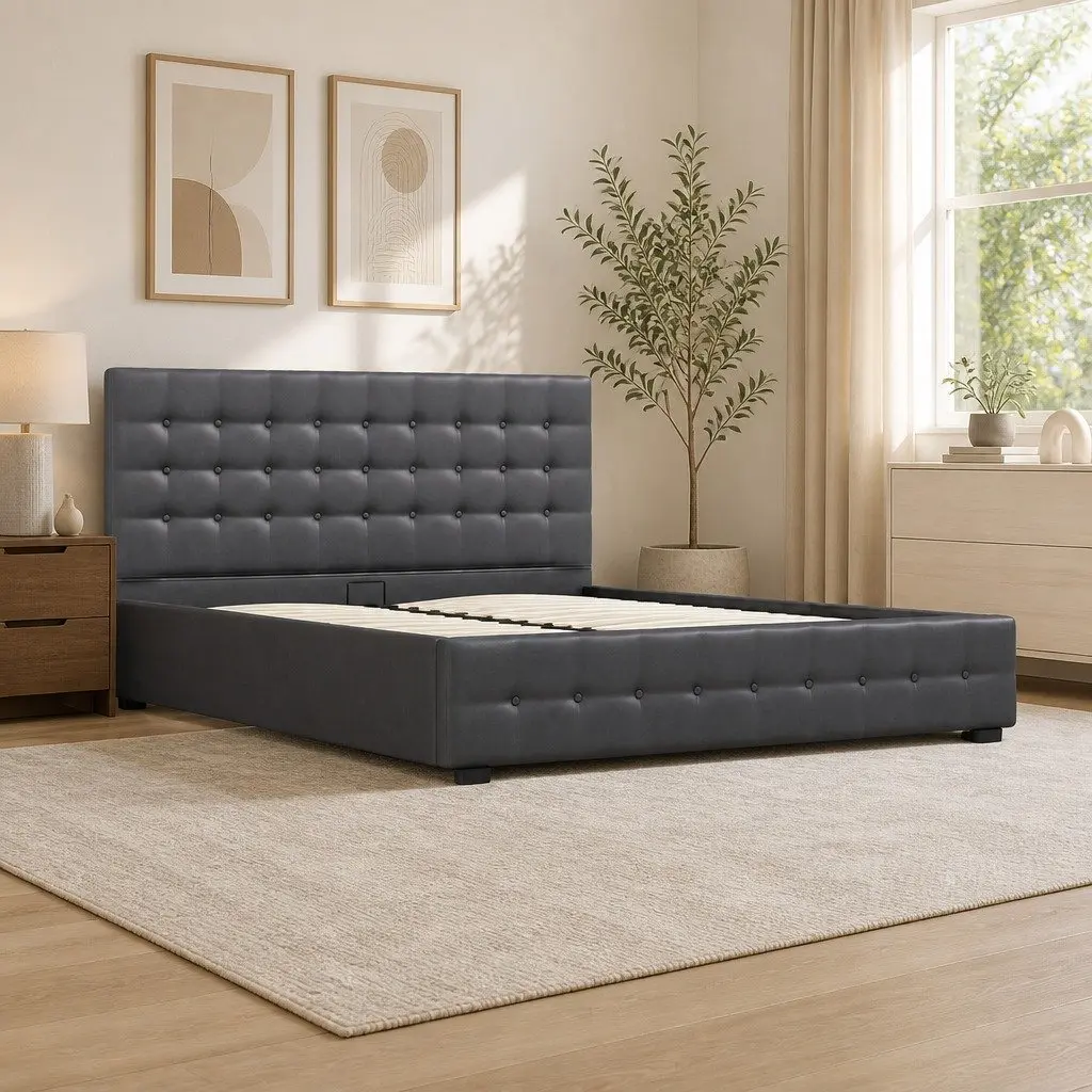 Gas Lift Storage Bed Double Dark Grey Tufted Upholstered Frame with Headboard