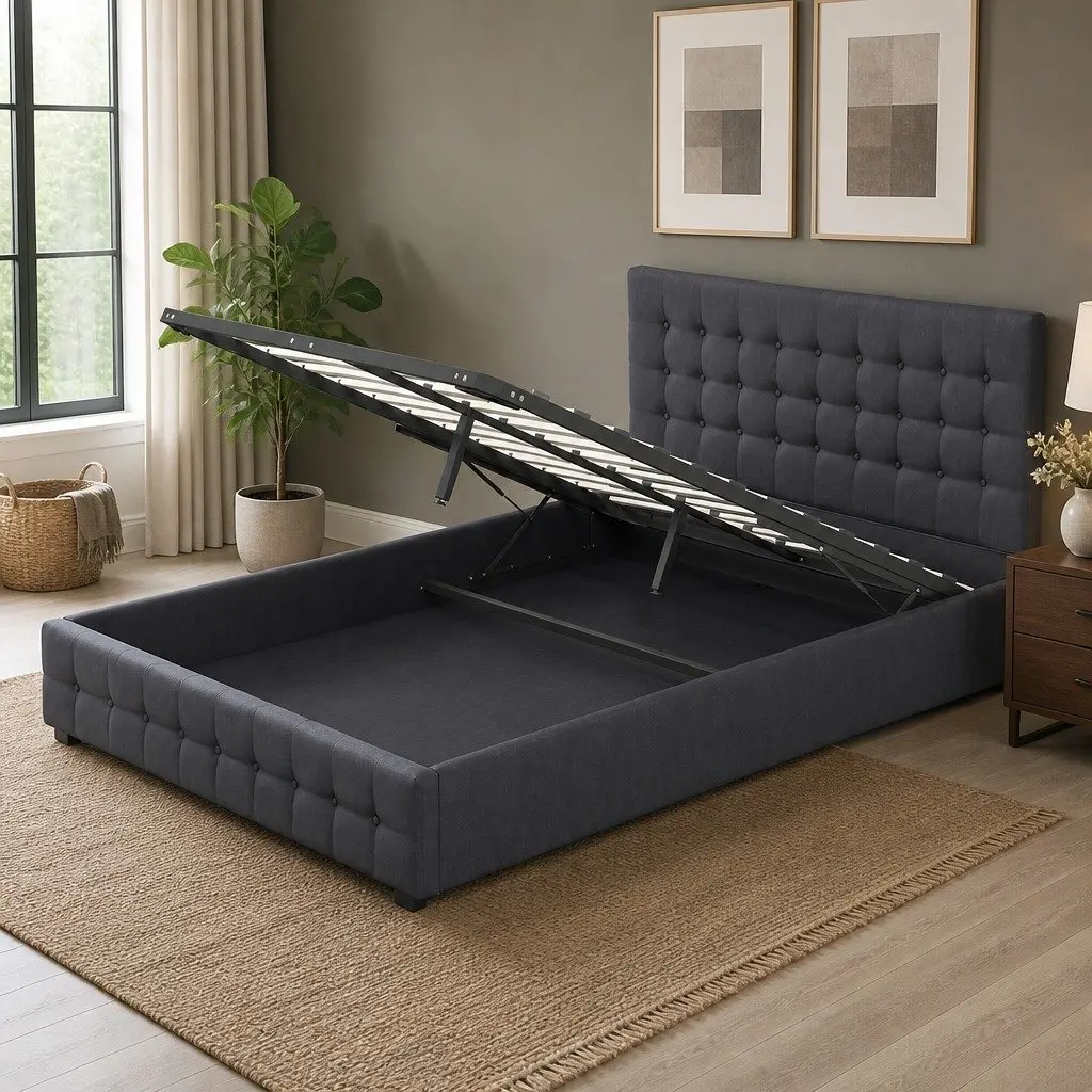 King Gas Lift Bed Frame Modern Tufted Linen Upholstery with Headboard 216cm x 193cm x 87.5cm Plywood Solid Wood Foam Powder Coated Steel