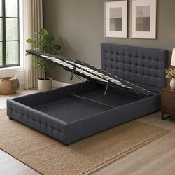 King Gas Lift Bed Frame with Headboard Storage Tufted Linen Upholstery Modern