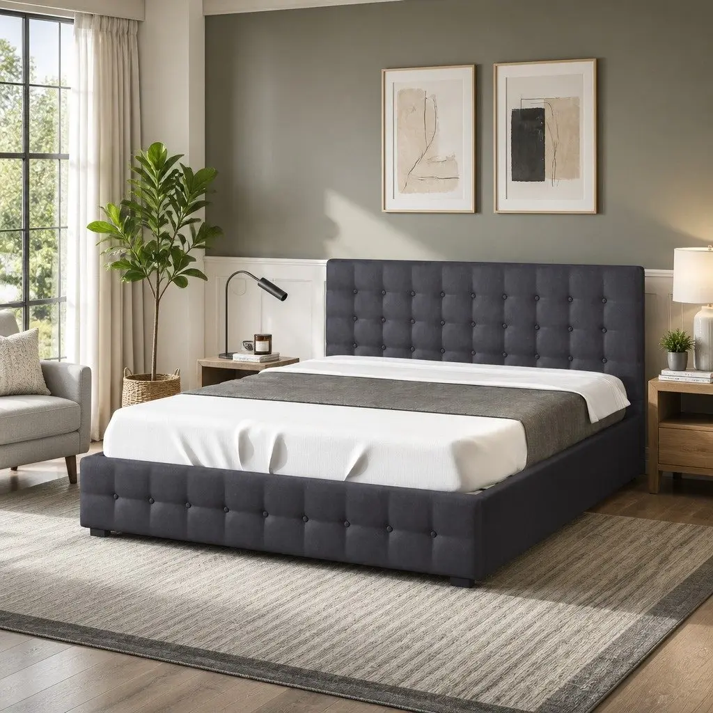 King Gas Lift Bed Frame Modern Tufted Linen Upholstery with Headboard 216cm x 193cm x 87.5cm Plywood Solid Wood Foam Powder Coated Steel