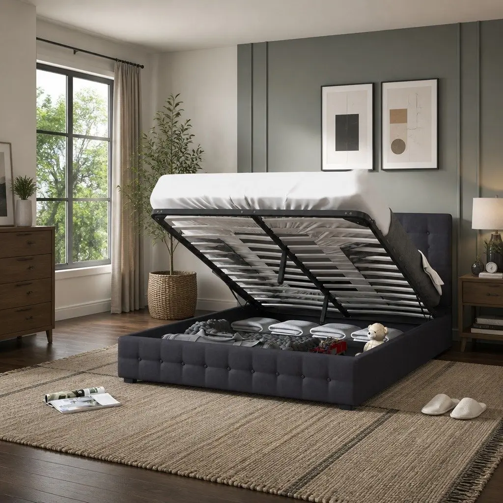 King Gas Lift Bed Frame Modern Tufted Linen Upholstery with Headboard 216cm x 193cm x 87.5cm Plywood Solid Wood Foam Powder Coated Steel