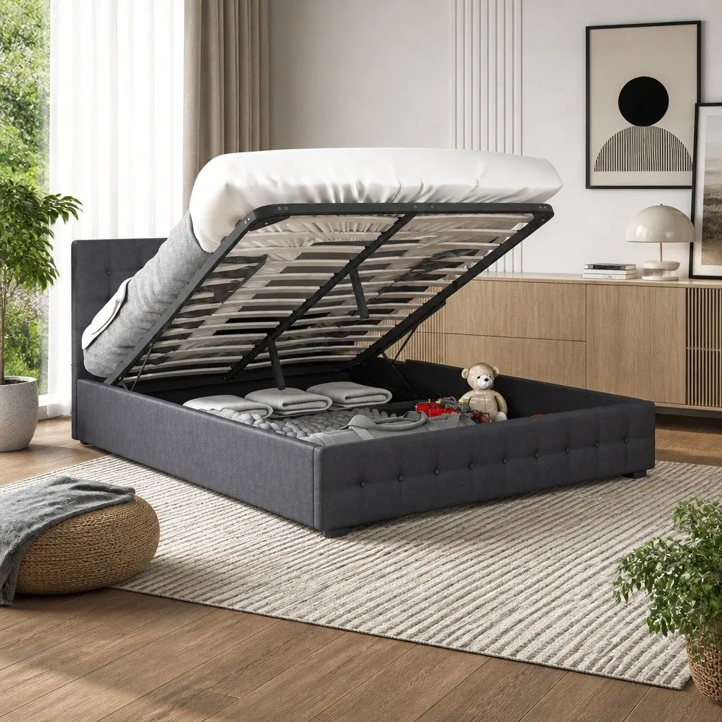 King Gas Lift Bed Frame Modern Tufted Linen Upholstery with Headboard 216cm x 193cm x 87.5cm Plywood Solid Wood Foam Powder Coated Steel