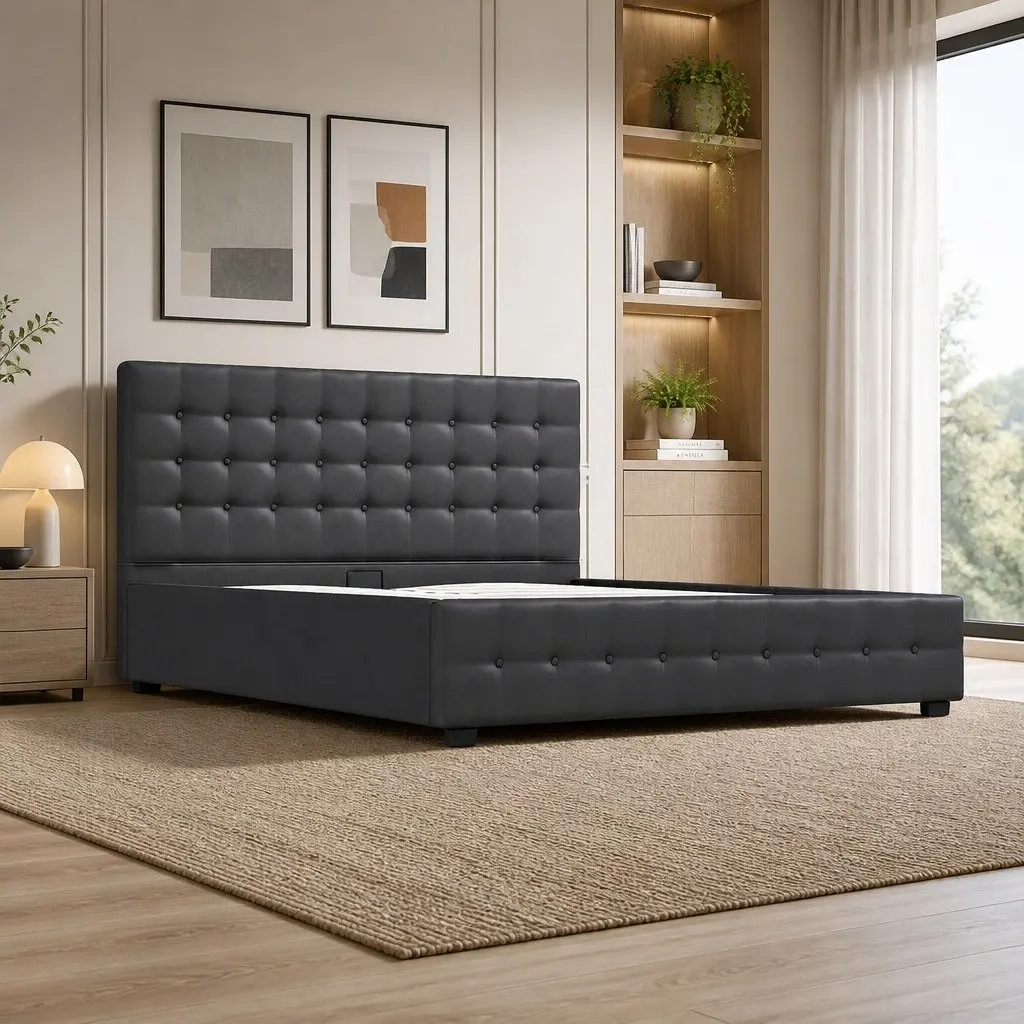 King Gas Lift Bed Frame Modern Tufted Linen Upholstery with Headboard 216cm x 193cm x 87.5cm Plywood Solid Wood Foam Powder Coated Steel