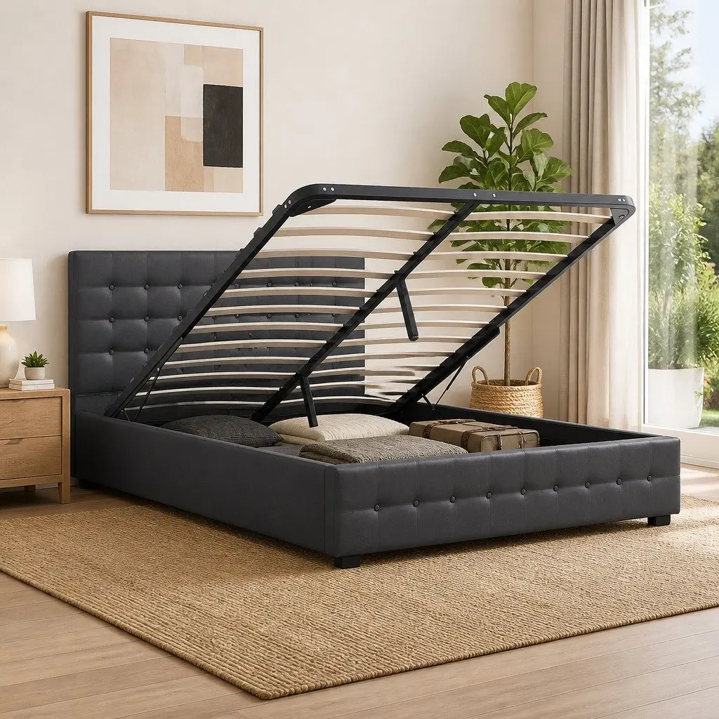 King Gas Lift Bed Frame Modern Tufted Linen Upholstery with Headboard 216cm x 193cm x 87.5cm Plywood Solid Wood Foam Powder Coated Steel