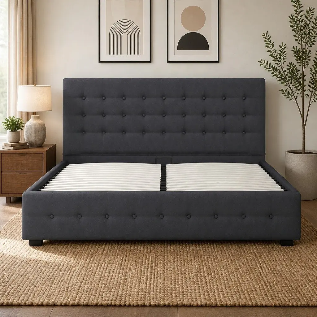 King Gas Lift Bed Frame Modern Tufted Linen Upholstery with Headboard 216cm x 193cm x 87.5cm Plywood Solid Wood Foam Powder Coated Steel
