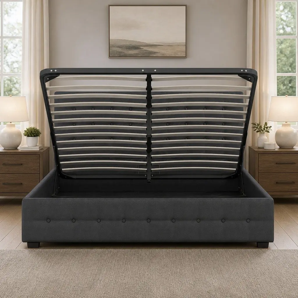 King Gas Lift Bed Frame Modern Tufted Linen Upholstery with Headboard 216cm x 193cm x 87.5cm Plywood Solid Wood Foam Powder Coated Steel