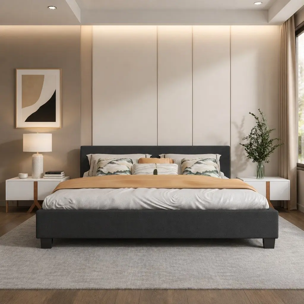 Single Bed Frame with Headboard Modern Platform Design Upholstered Bedroom