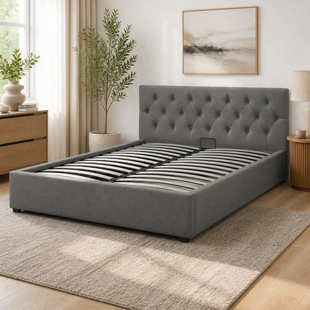 Gas Lift Storage Bed King Single Tufted Headboard Modern Fabric Upholstered Frame