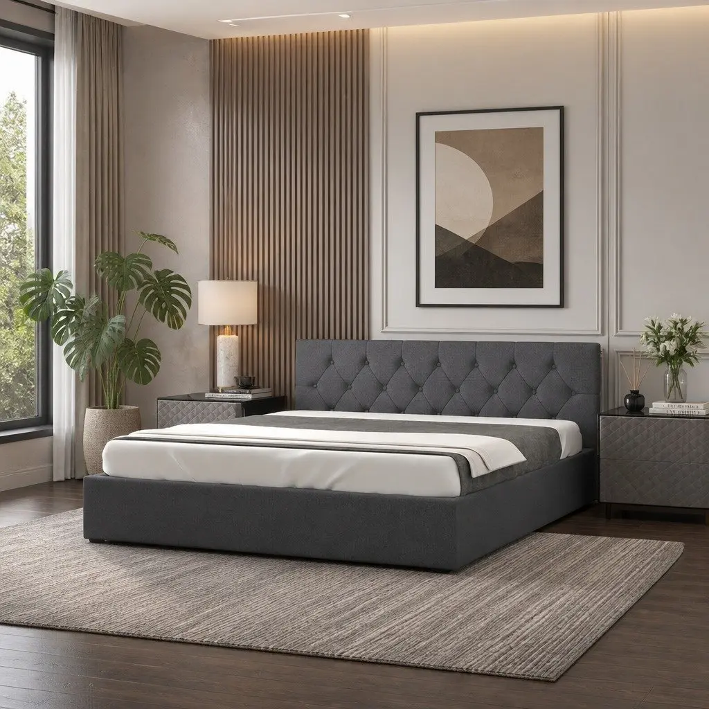 Gas Lift Storage Bed King Single Tufted Headboard Modern Fabric Upholstered Frame