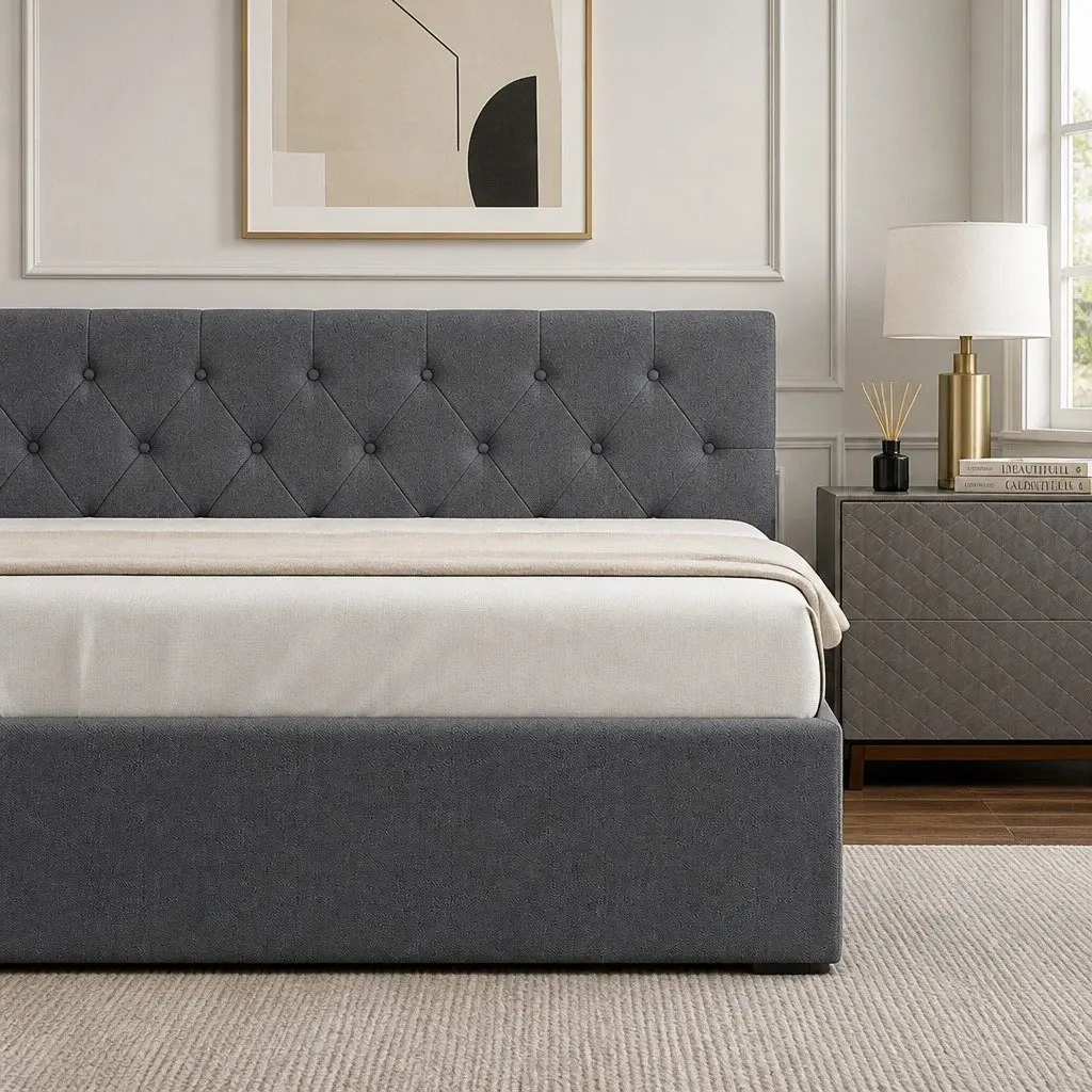 Gas Lift Storage Bed King Single Tufted Headboard Modern Fabric Upholstered Frame