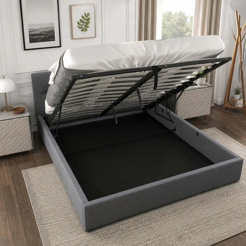 Gas Lift Storage Bed King Single Tufted Headboard Modern Fabric Upholstered Frame