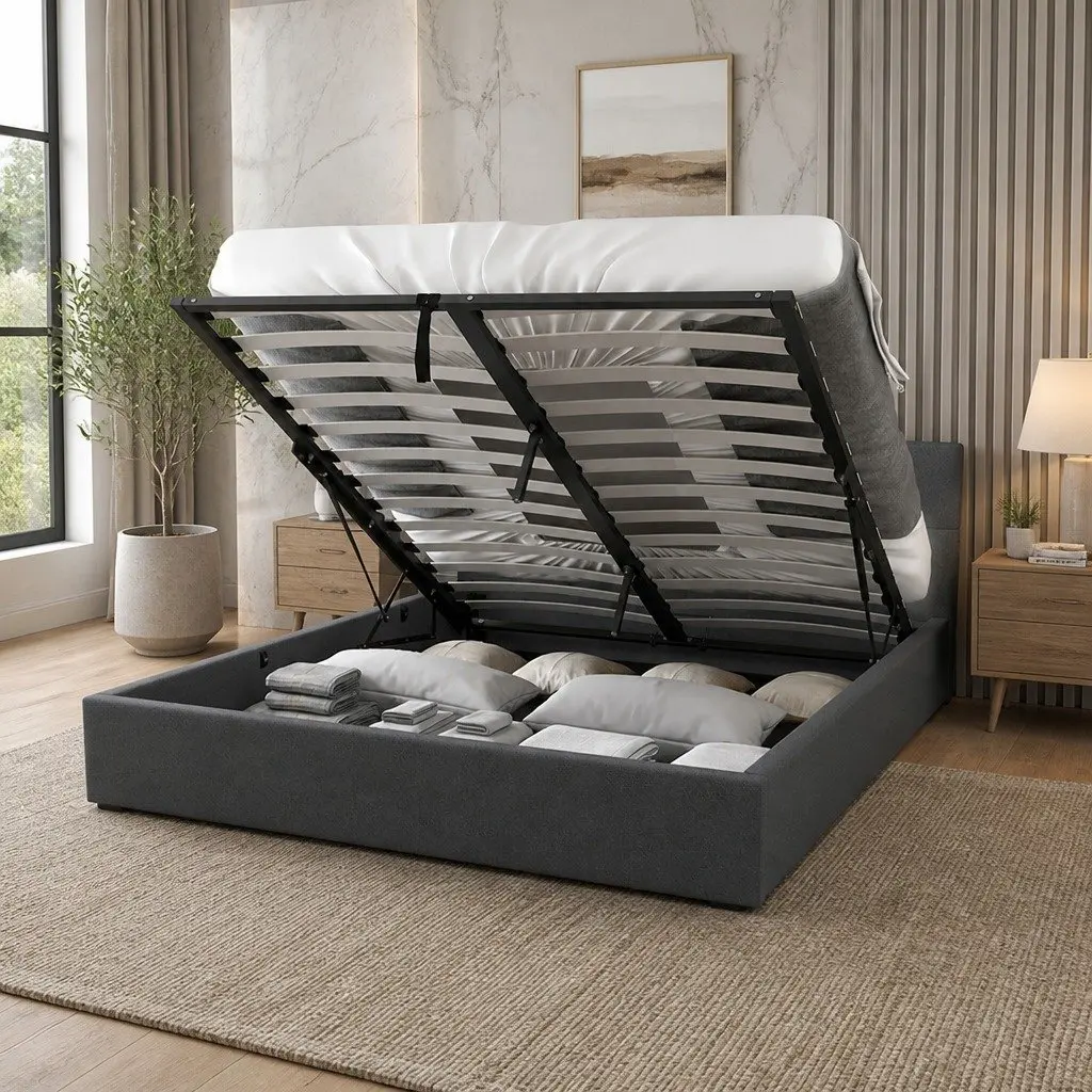 Gas Lift Storage Bed King Single Tufted Headboard Modern Fabric Upholstered Frame