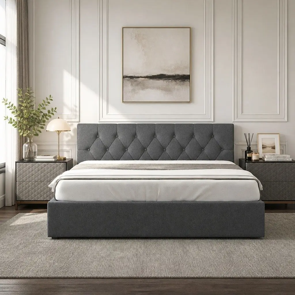 Gas Lift Storage Bed King Single Tufted Headboard Modern Fabric Upholstered Frame