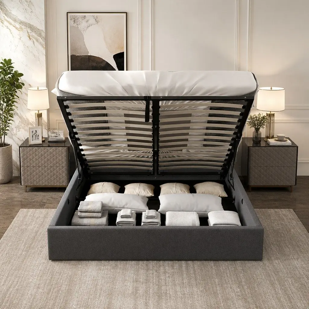 Gas Lift Storage Bed King Single Tufted Headboard Modern Fabric Upholstered Frame