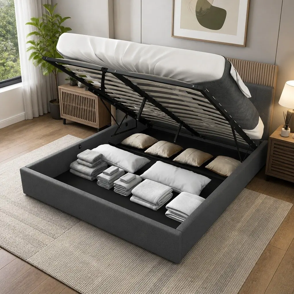 Gas Lift Storage Bed King Single Tufted Headboard Modern Fabric Upholstered Frame