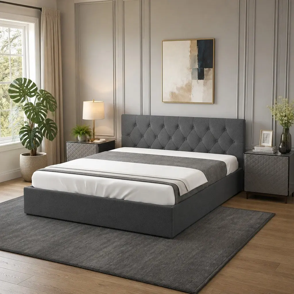 Gas Lift Bed Frame Queen Size Tufted Headboard Storage Platform Solid Wood Foam Fabric Steel
