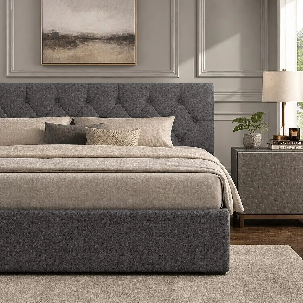 Gas Lift Bed Frame Queen Size Tufted Headboard Storage Platform Solid Wood Foam Fabric Steel