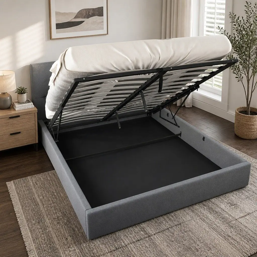 Gas Lift Bed Frame Queen Size Tufted Headboard Storage Platform Solid Wood Foam Fabric Steel