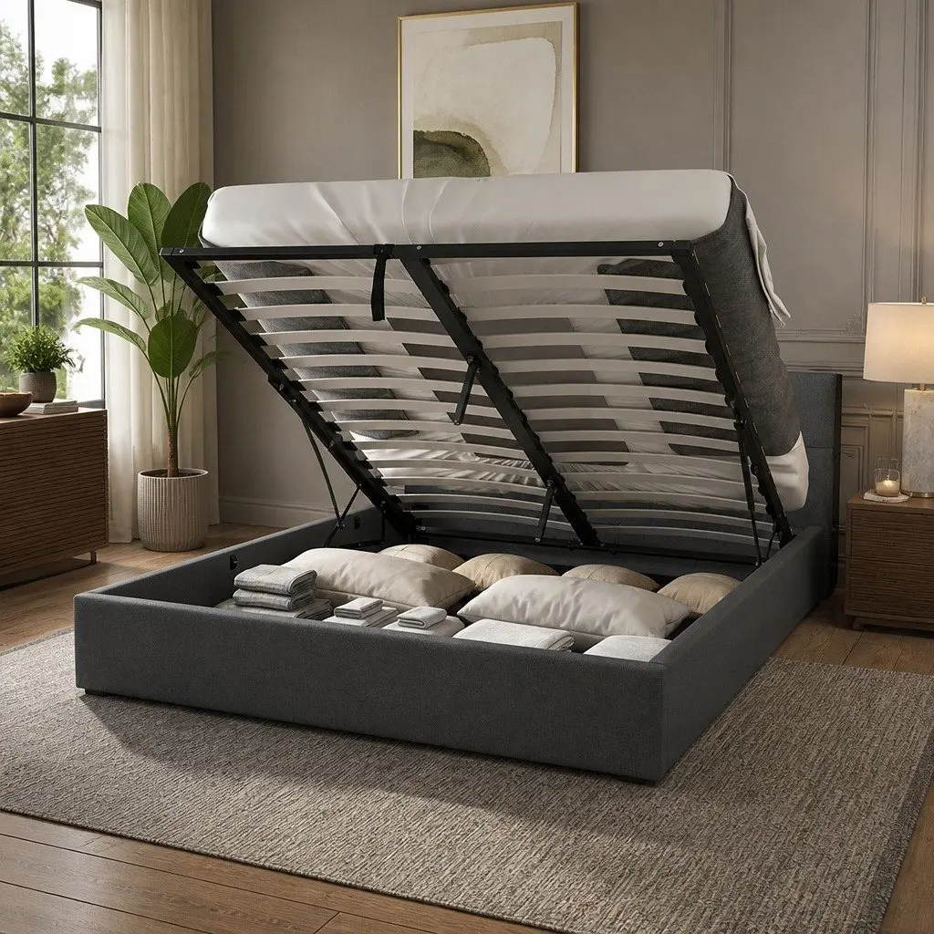 Gas Lift Bed Frame Queen Size Tufted Headboard Storage Platform Solid Wood Foam Fabric Steel