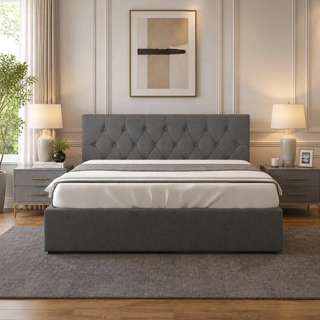 Gas Lift Bed Frame Queen Size Tufted Headboard Storage Platform Solid Wood Foam Fabric Steel