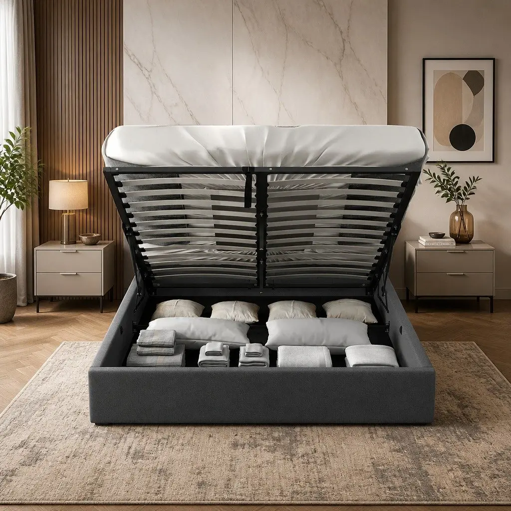 Gas Lift Bed Frame Queen Size Tufted Headboard Storage Platform Solid Wood Foam Fabric Steel