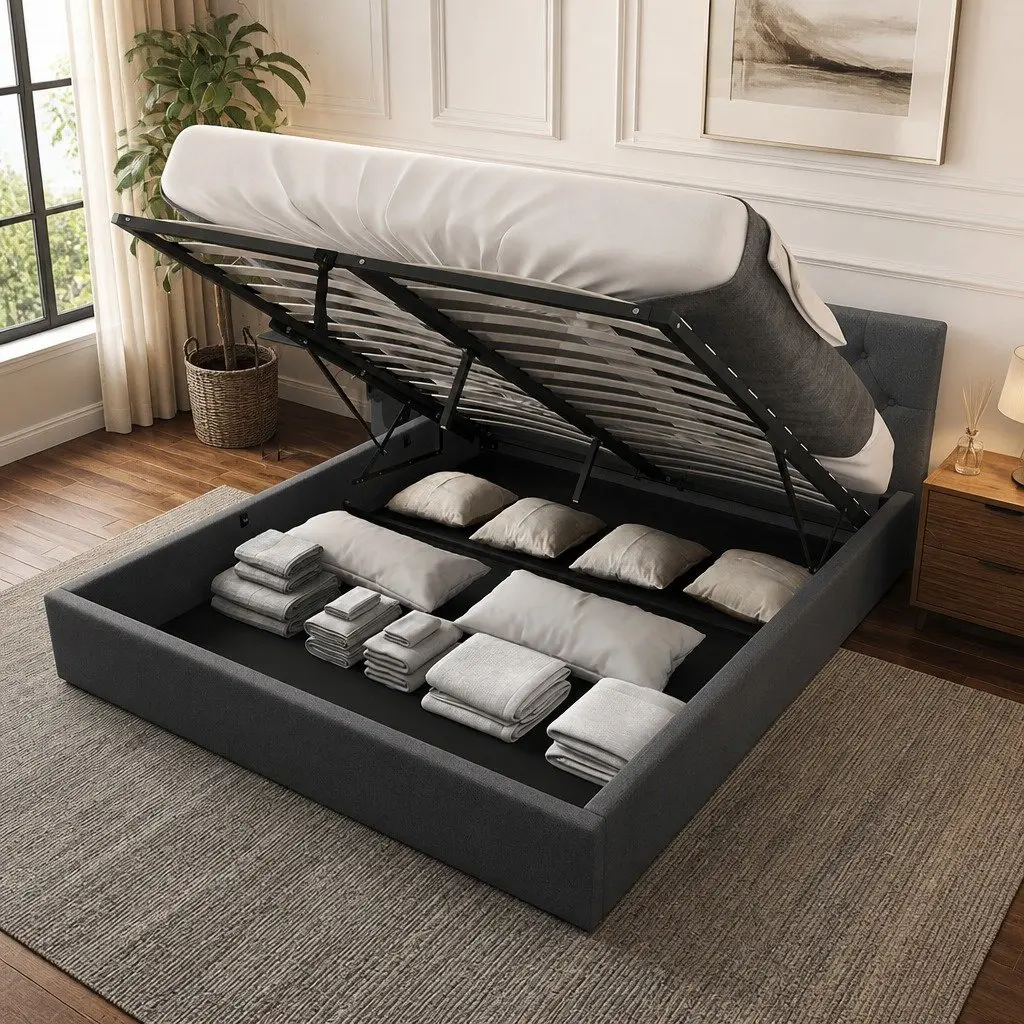 Gas Lift Bed Frame Queen Size Tufted Headboard Storage Platform Solid Wood Foam Fabric Steel