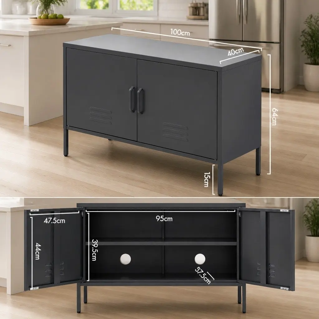Buffet Sideboard Metal Cabinet Adjustable Shelf Charcoal Cold Rolled Steel