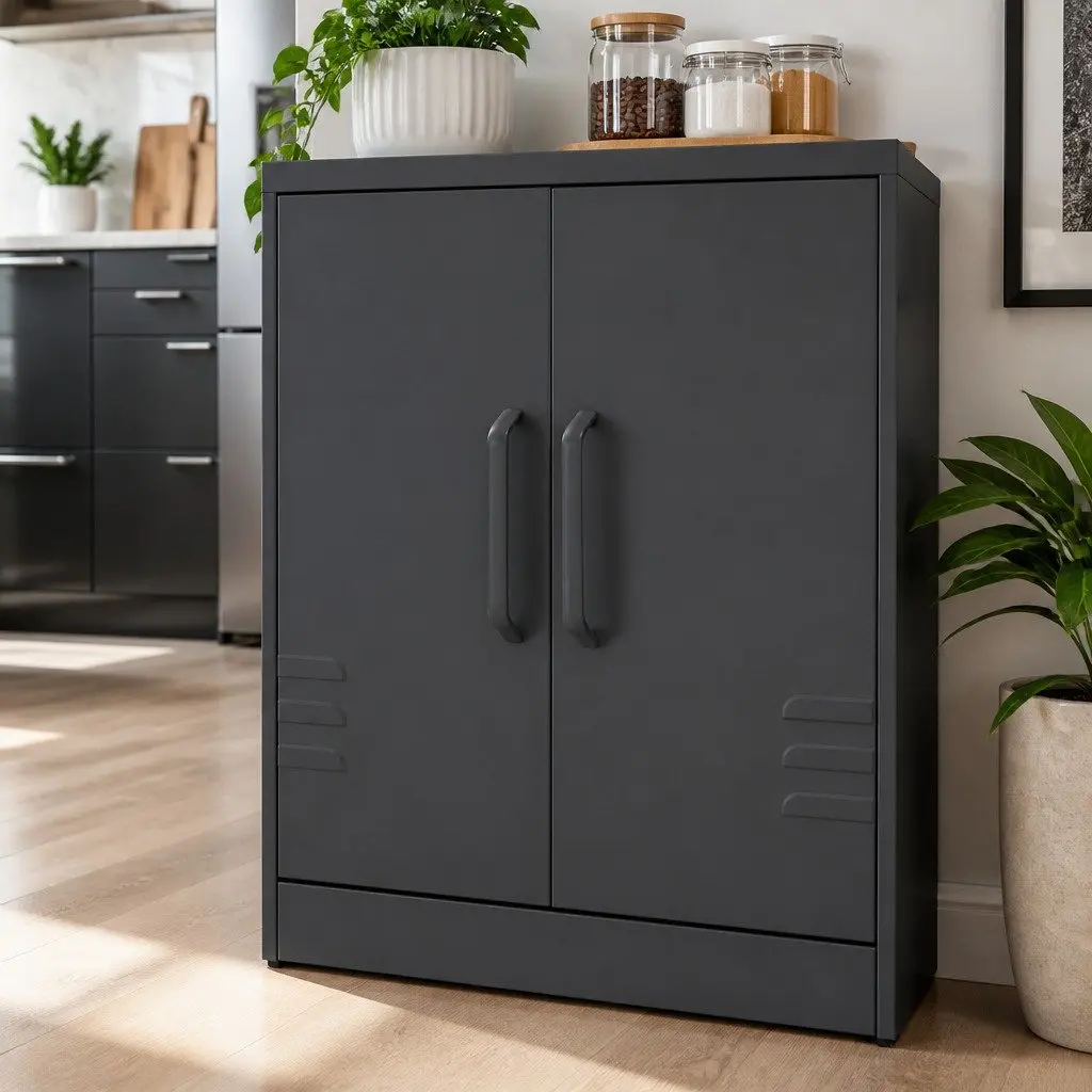 Buffet Sideboard Metal Cabinet Adjustable Shelf Charcoal Cold Rolled Steel