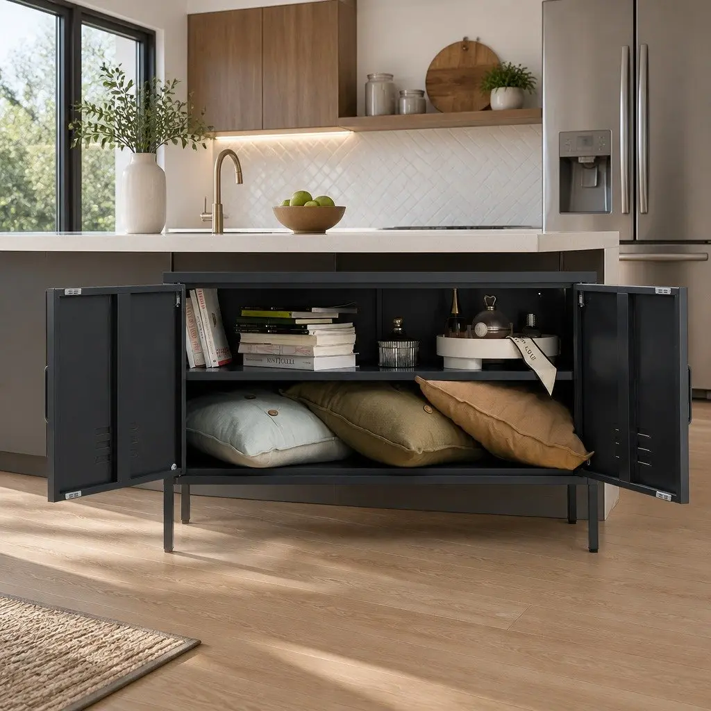 Buffet Sideboard Metal Cabinet Adjustable Shelf Charcoal Cold Rolled Steel