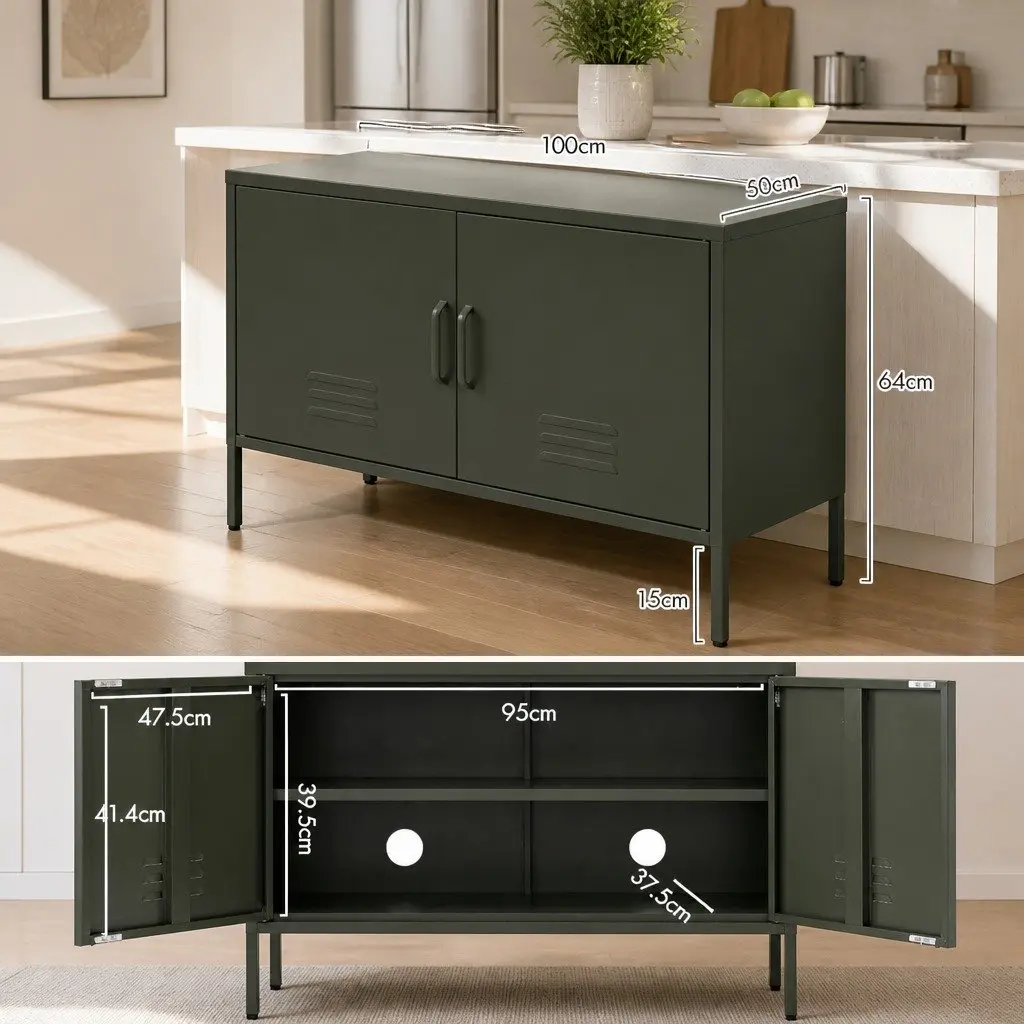 Metal Buffet Sideboard Green Adjustable Shelf Cold Rolled Steel