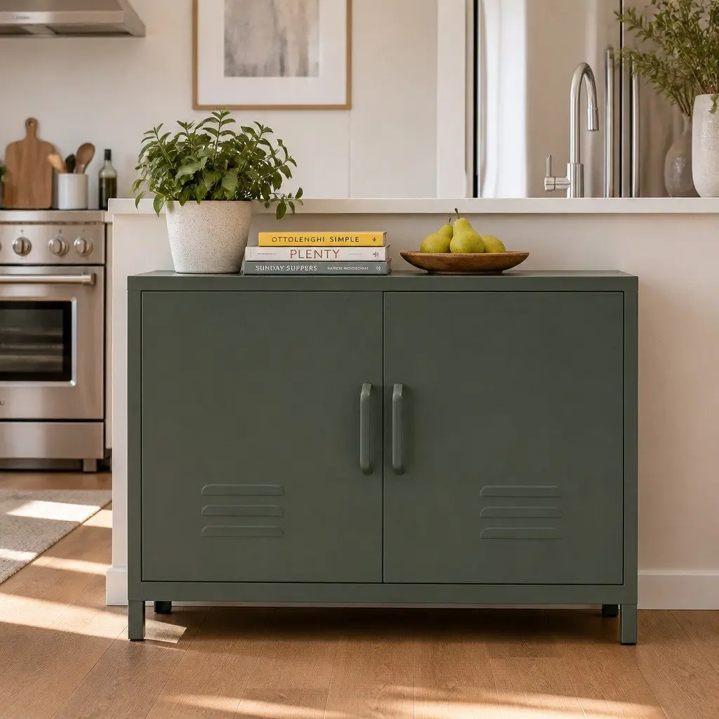 Metal Buffet Sideboard Green Adjustable Shelf Cold Rolled Steel