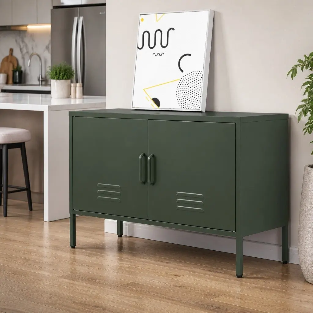 Metal Buffet Sideboard Green Adjustable Shelf Cold Rolled Steel