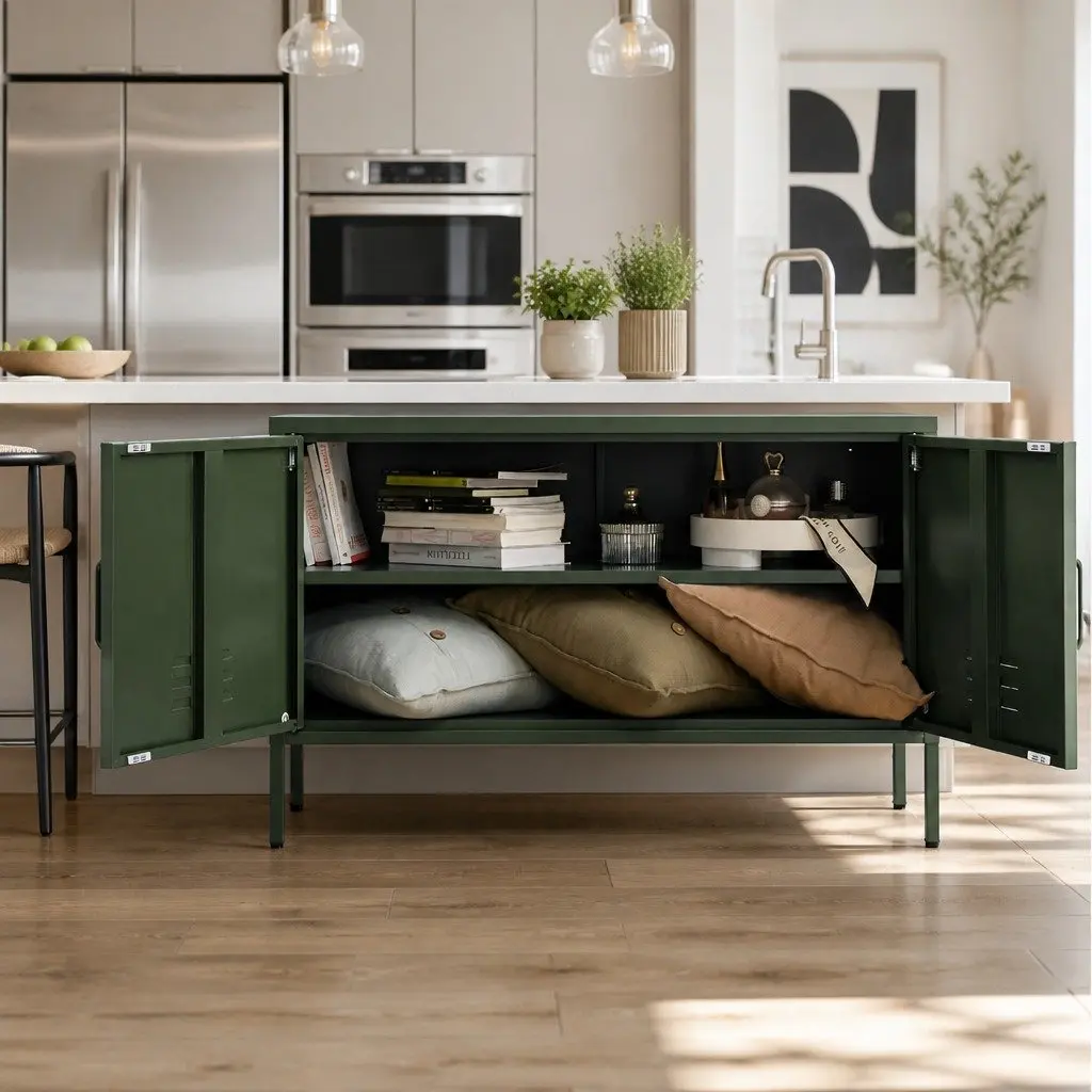 Metal Buffet Sideboard Green Adjustable Shelf Cold Rolled Steel