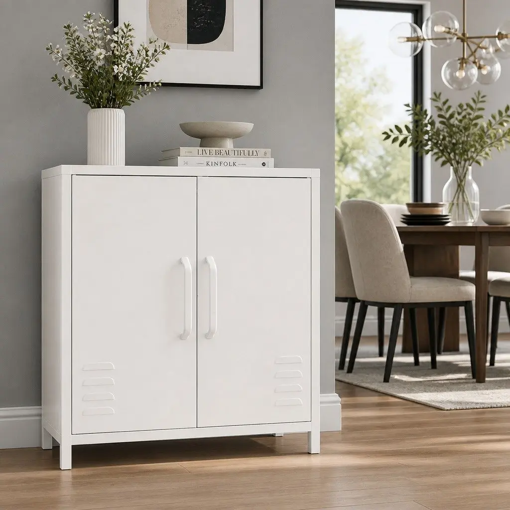 White Metal Buffet Sideboard Storage Cabinet