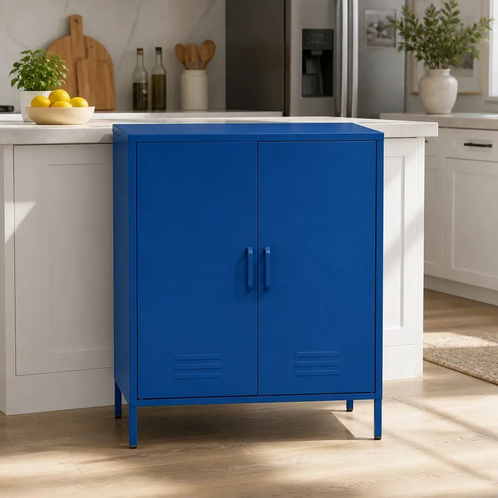 Blue Metal Buffet Sideboard Cabinet Storage Dining Room Furniture with