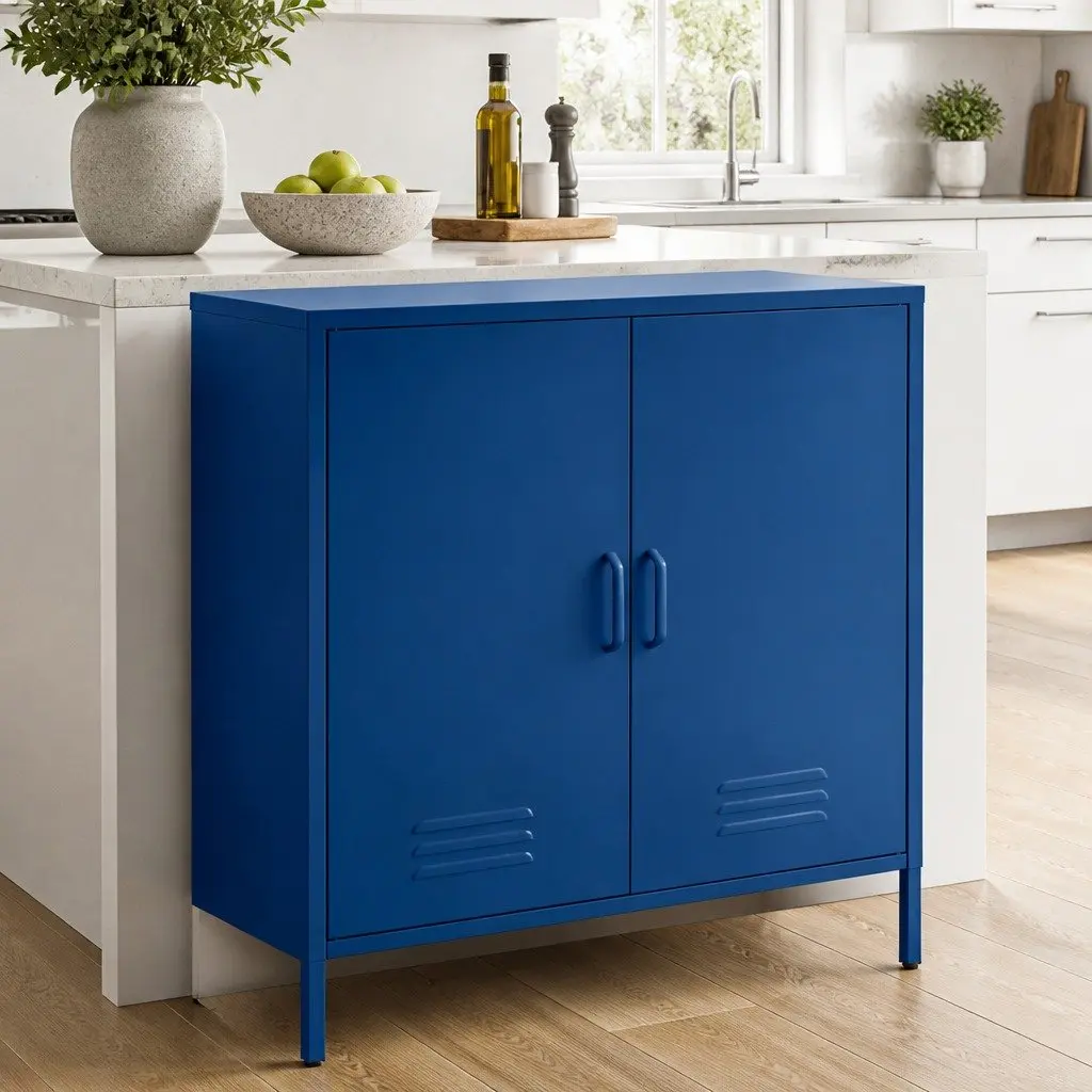 Blue Metal Buffet Sideboard Cabinet Storage Dining Room Furniture with