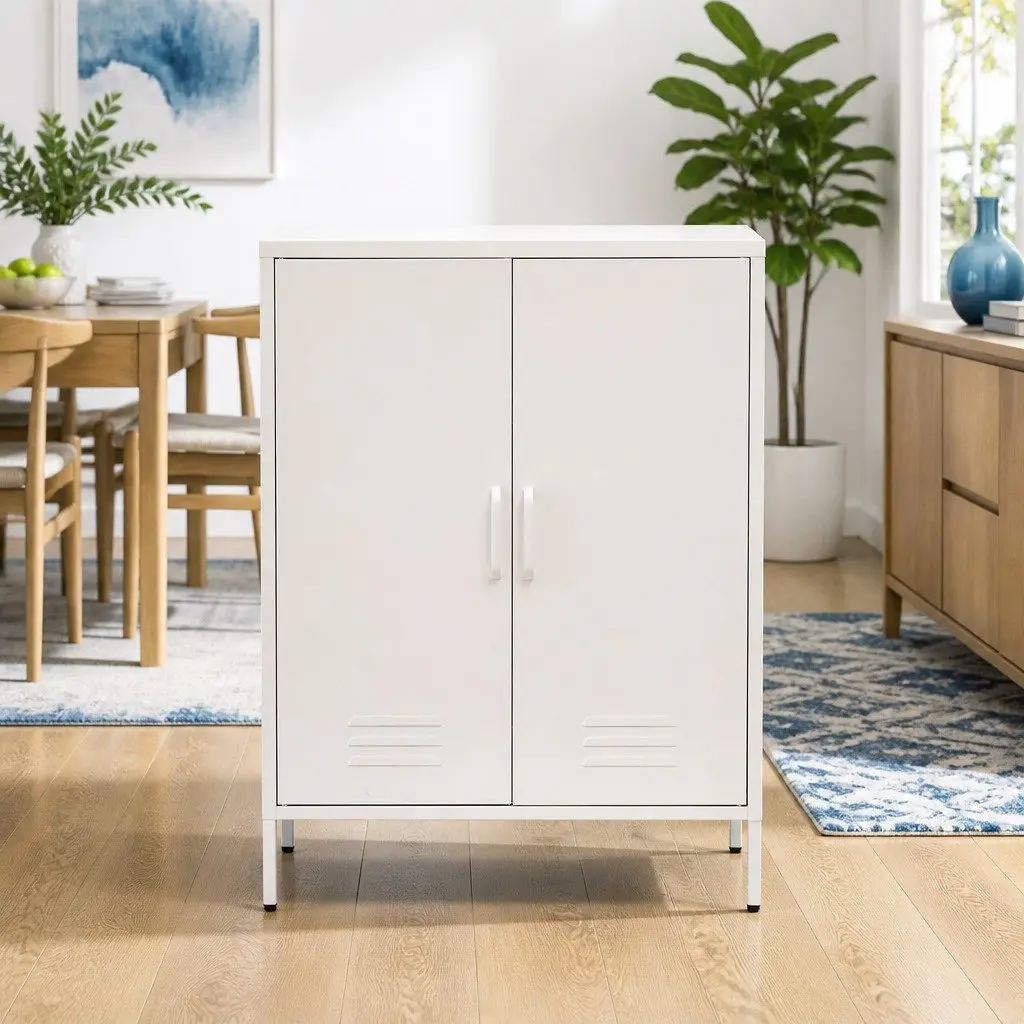 White Metal Buffet Sideboard Cabinet with Adjustable Shelves 80cm x 40cm x 101.5cm Cold Rolled Steel