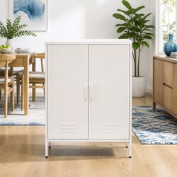 Elegant White Metal Buffet Sideboard with Storage Hooks