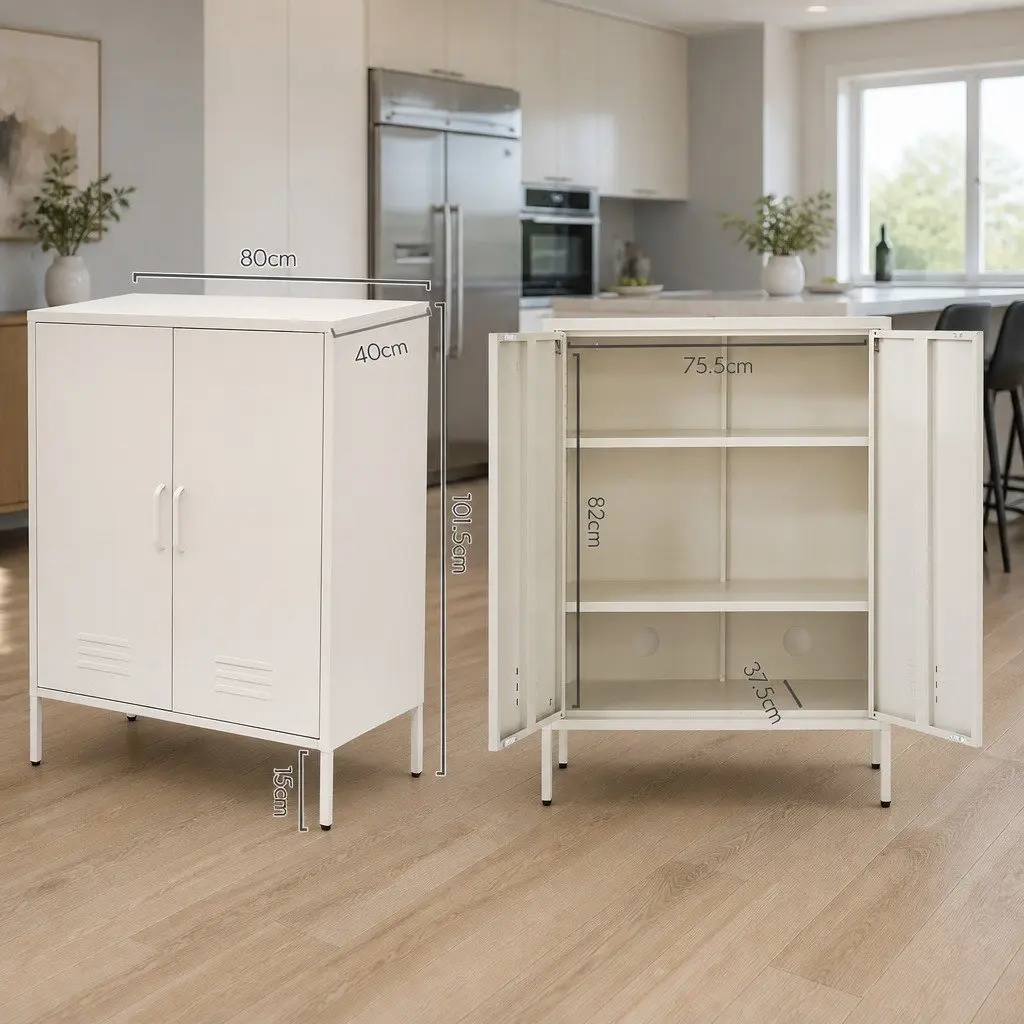 White Metal Buffet Sideboard Cabinet with Adjustable Shelves 80cm x 40cm x 101.5cm Cold Rolled Steel
