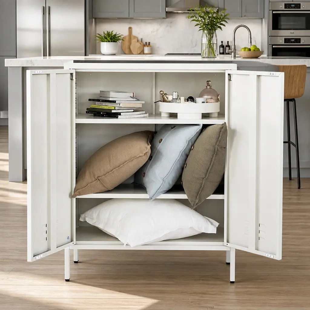 White Metal Buffet Sideboard Cabinet with Adjustable Shelves 80cm x 40cm x 101.5cm Cold Rolled Steel
