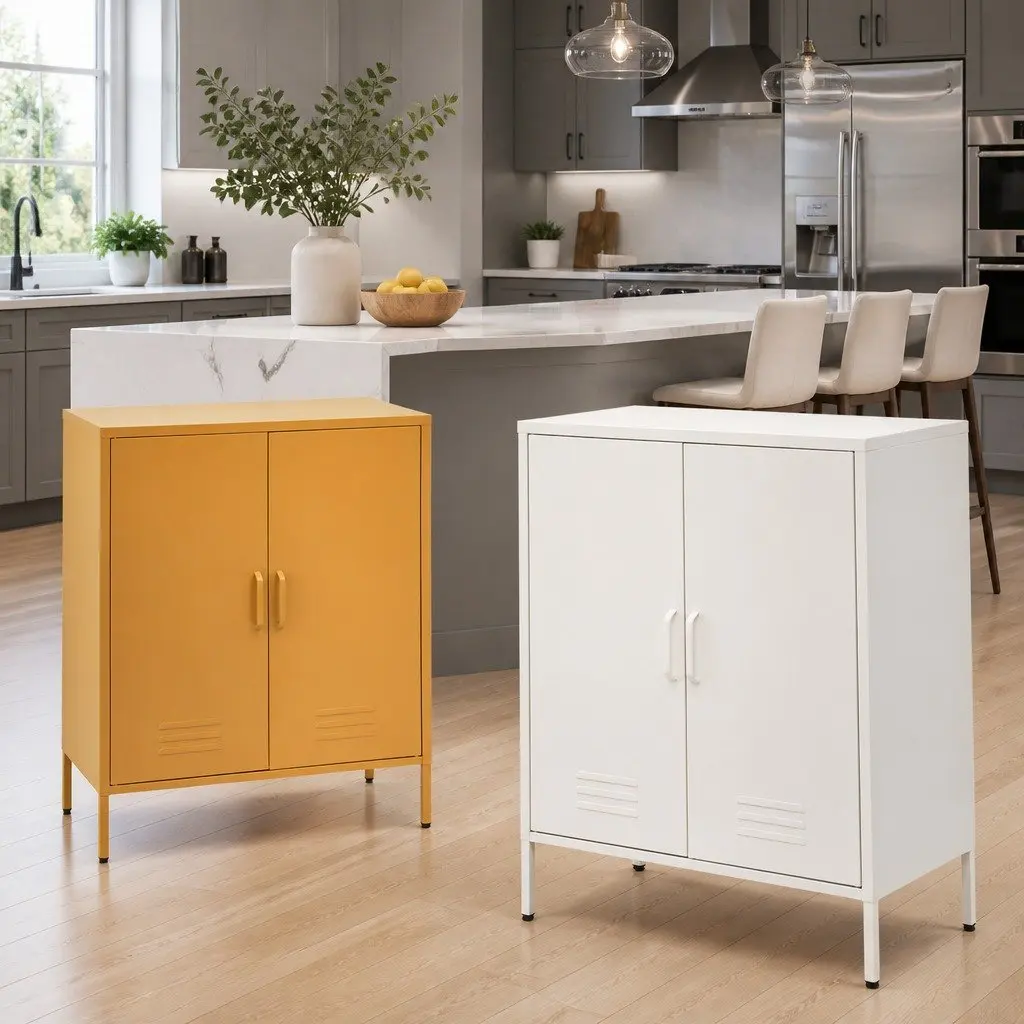 White Metal Buffet Sideboard Cabinet with Adjustable Shelves 80cm x 40cm x 101.5cm Cold Rolled Steel