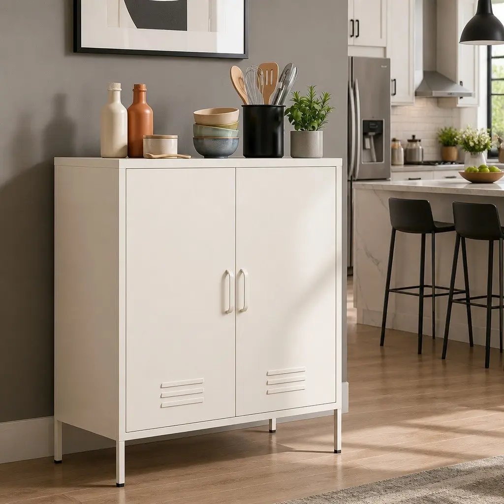 White Metal Buffet Sideboard Cabinet with Adjustable Shelves 80cm x 40cm x 101.5cm Cold Rolled Steel