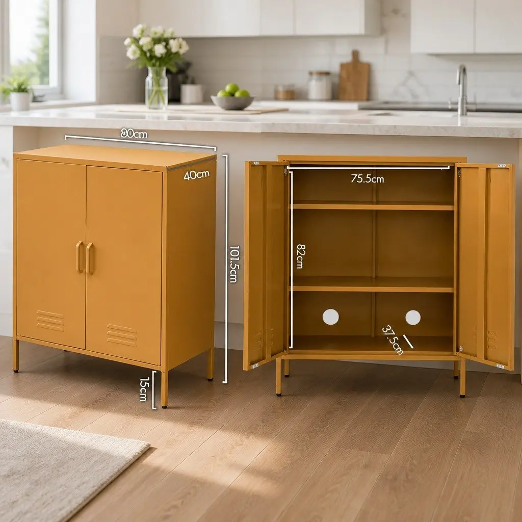 Yellow Metal Buffet Sideboard Storage Cabinet with Adjustable Shelves Dining