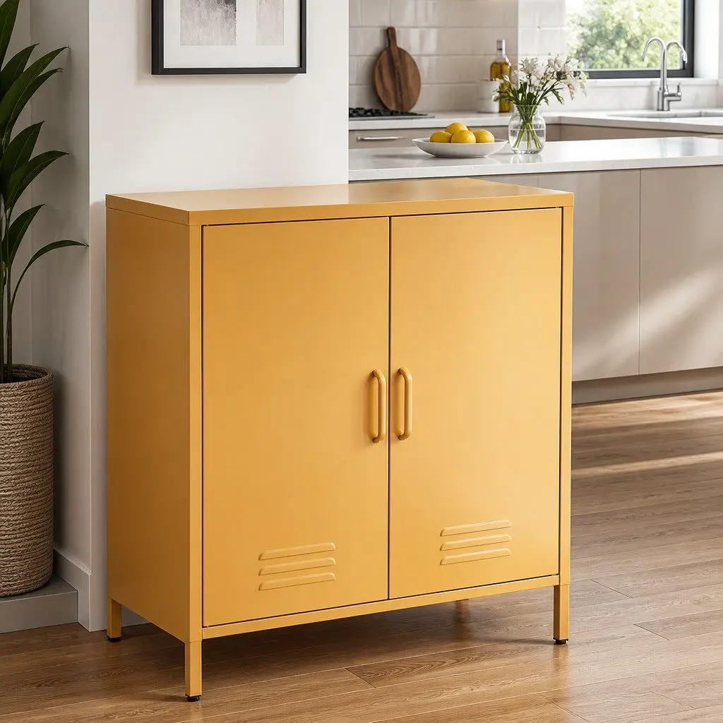 Yellow Metal Buffet Sideboard Storage Cabinet with Adjustable Shelves Dining