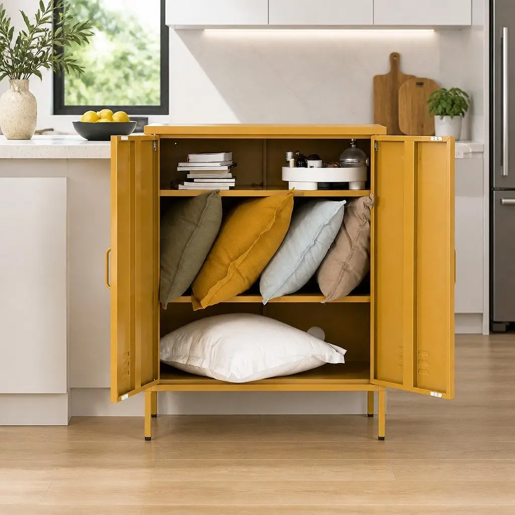 Yellow Metal Buffet Sideboard Storage Cabinet with Adjustable Shelves Dining