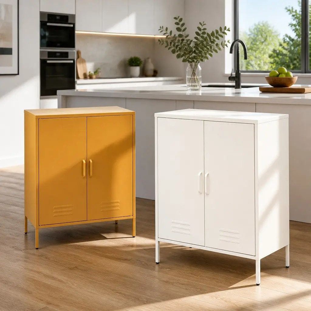 Yellow Metal Buffet Sideboard Storage Cabinet with Adjustable Shelves Dining