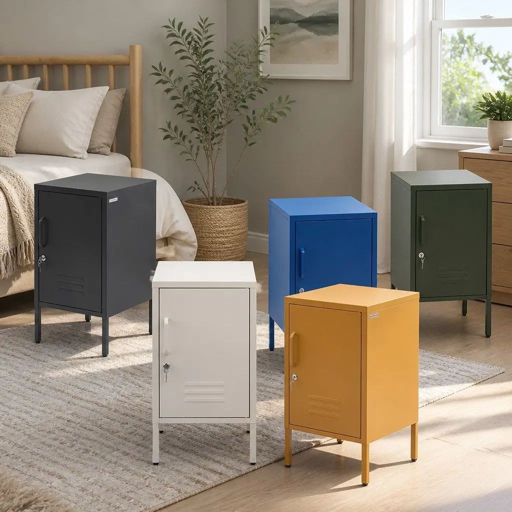 Bedside Table Metal Blue Storage Locker with Shelf and Hook