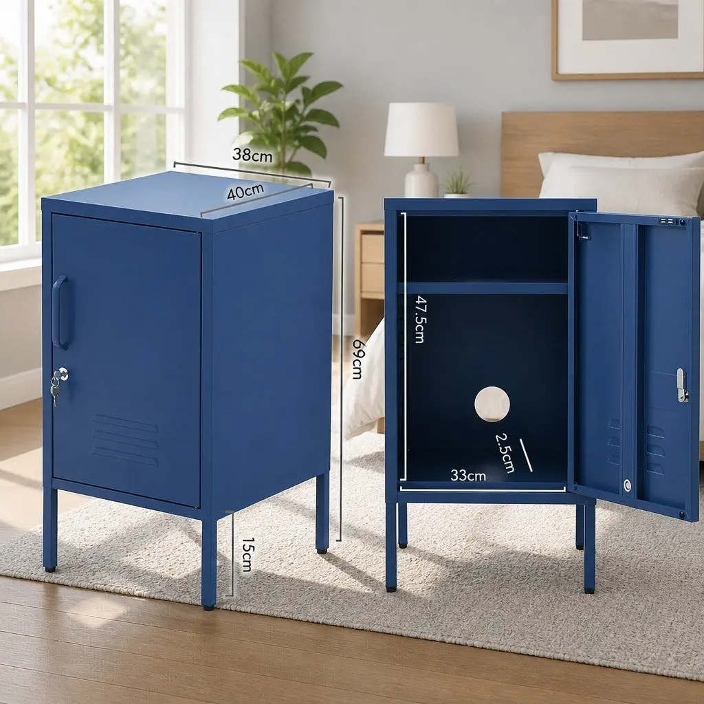 Bedside Table Metal Blue Storage Locker with Shelf and Hook