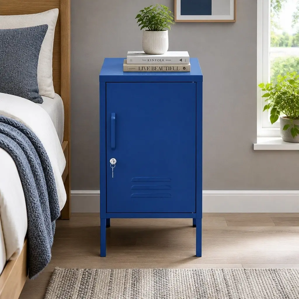 Bedside Table Metal Blue Storage Locker with Shelf and Hook
