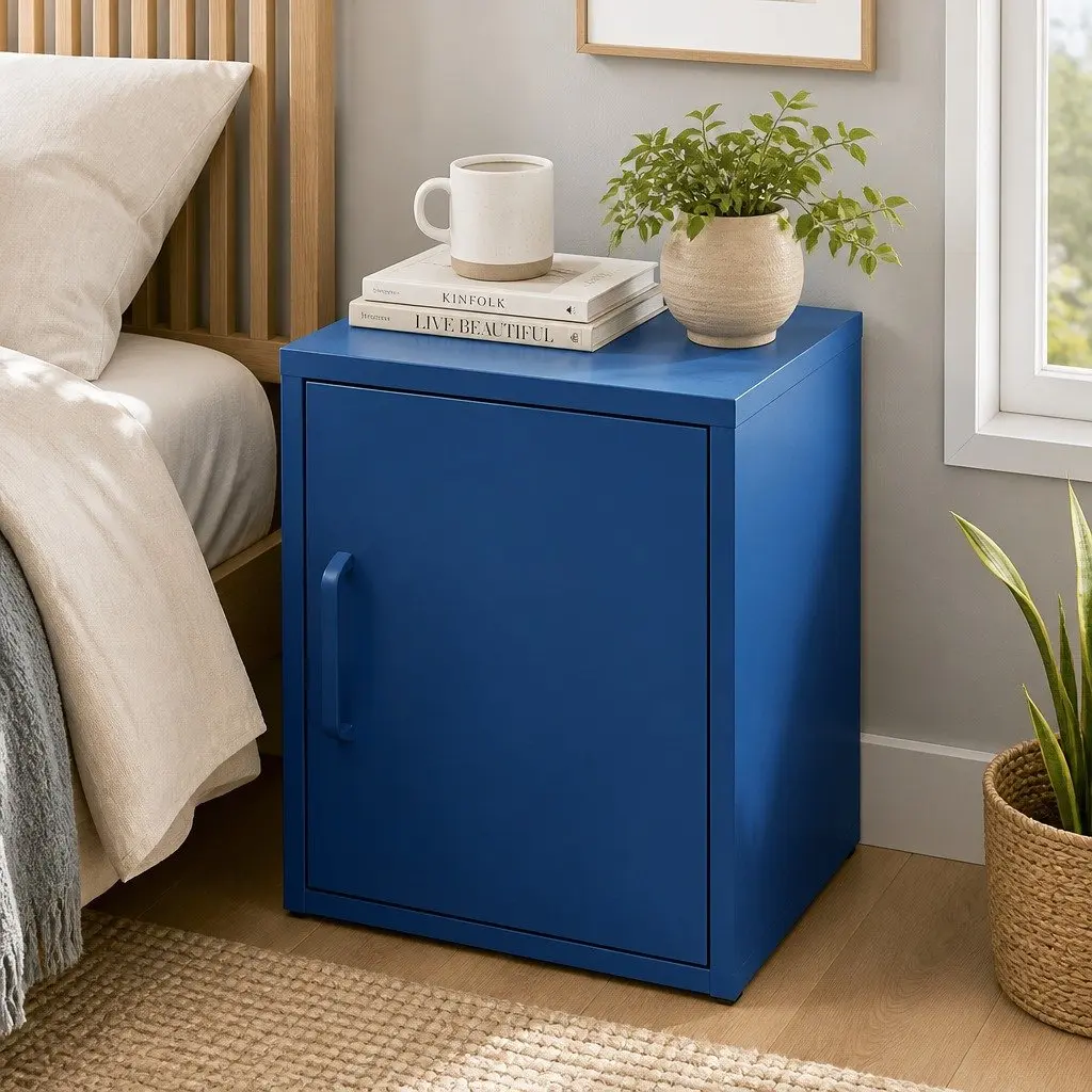Bedside Table Metal Blue Storage Locker with Shelf and Hook